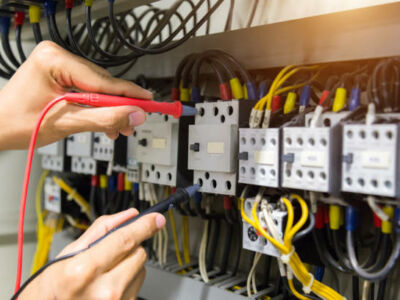 Electricians hands testing current electric in control panel. Electricians hands testing current electric in control panel.